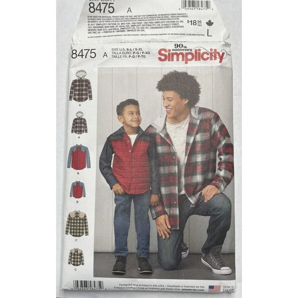 Simplicity Pattern 8475 Boys Mens Shirt Shacket Jacket Hooded Button S-XL preown